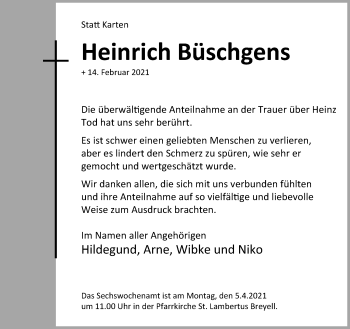 Traueranzeige von Heinrich Büschgens von trauer.extra-tipp-moenchengladbach.de