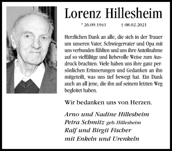 Traueranzeige von Lorenz Hillesheim von trauer.extra-tipp-moenchengladbach.de