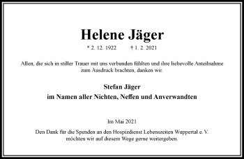 Traueranzeige von Helene Jäger von trauer.wuppertaler-rundschau.de