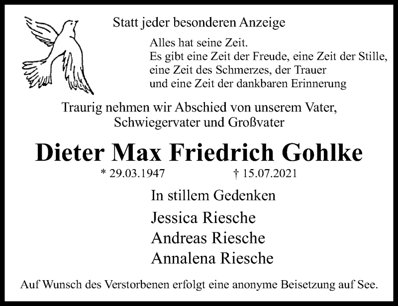  Traueranzeige für Dieter Max Friedrich Gohlke vom 25.07.2021 aus trauer.mein.krefeld.de
