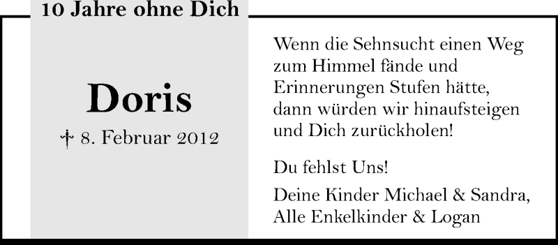  Traueranzeige für Doris  vom 06.02.2022 aus trauer.extra-tipp-moenchengladbach.de