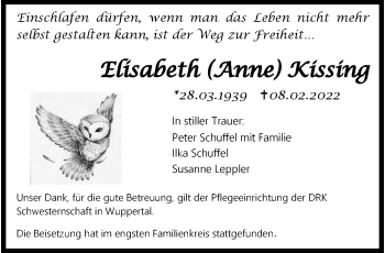 Traueranzeige von Elisabeth (Anne) Kissing von trauer.wuppertaler-rundschau.de