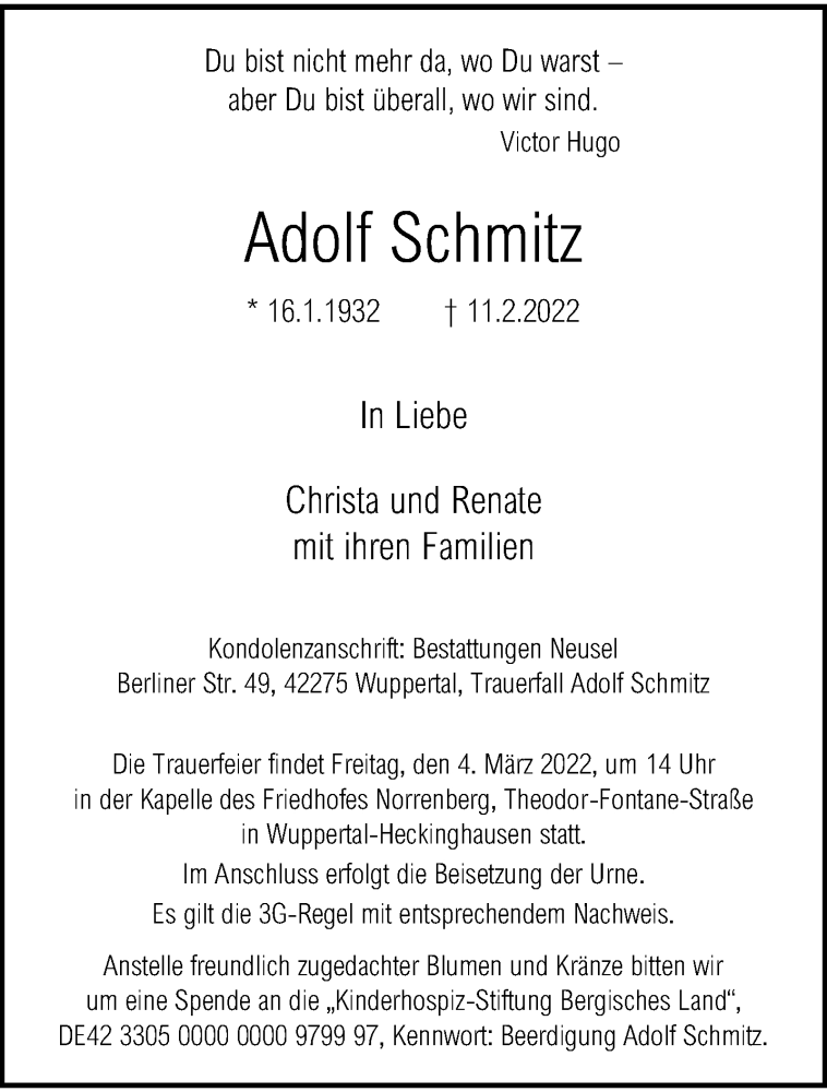  Traueranzeige für Adolf Schmitz vom 19.02.2022 aus trauer.wuppertaler-rundschau.de