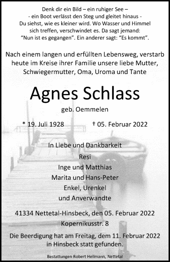 Traueranzeige von Agnes Schlass von trauer.extra-tipp-moenchengladbach.de