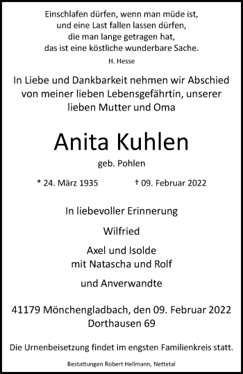 Traueranzeige von Anita Kuhlen von trauer.extra-tipp-moenchengladbach.de