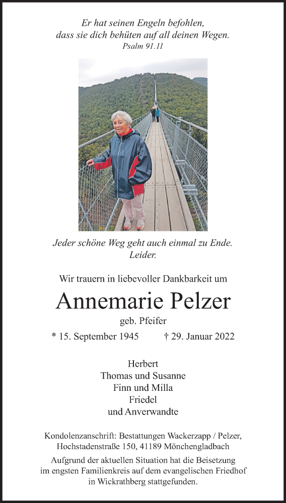  Traueranzeige für Annemarie Pelzer vom 13.02.2022 aus trauer.extra-tipp-moenchengladbach.de