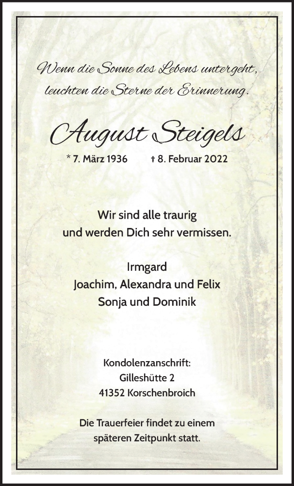  Traueranzeige für August Steigels vom 13.02.2022 aus trauer.extra-tipp-moenchengladbach.de