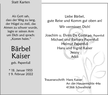 Traueranzeige von Bärbel Kaiser von trauer.extra-tipp-moenchengladbach.de