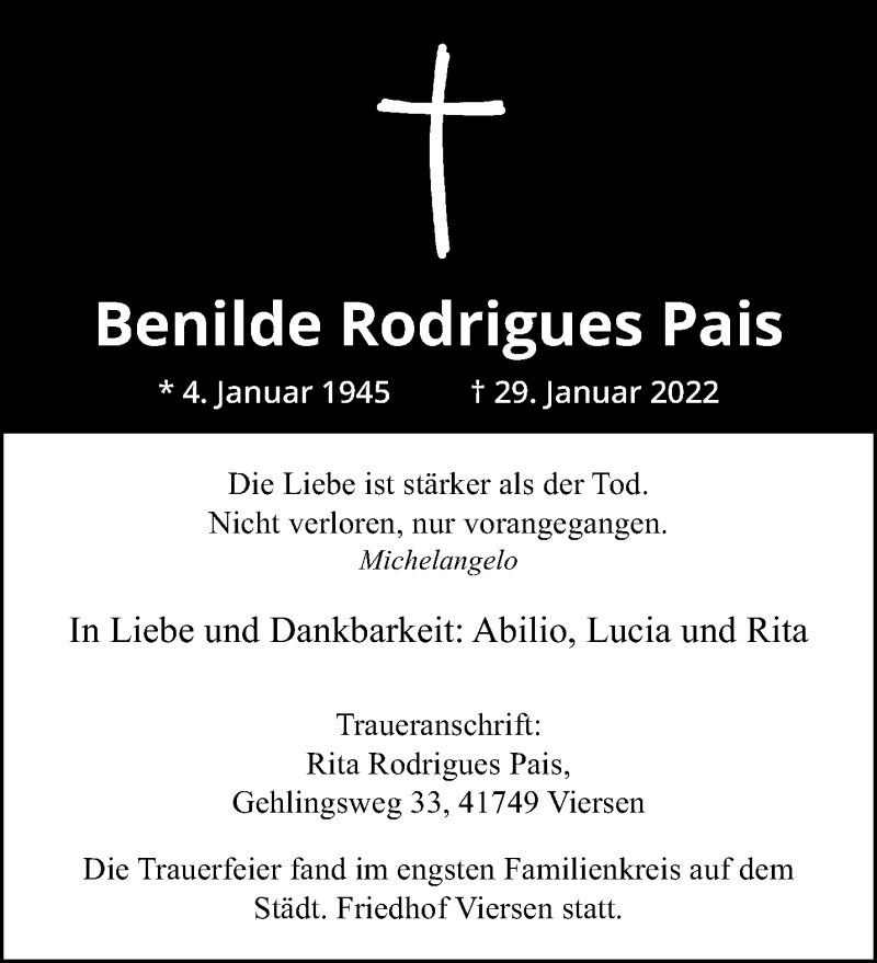  Traueranzeige für Benilde Rodrigues Pais vom 06.02.2022 aus trauer.extra-tipp-moenchengladbach.de