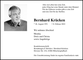 Traueranzeige von Bernhard Krücken von trauer.extra-tipp-moenchengladbach.de