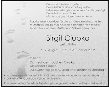 Traueranzeige von Birgit Ciupka von trauer.extra-tipp-moenchengladbach.de