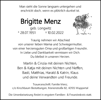 Traueranzeige von Brigitte Menz von trauer.wuppertaler-rundschau.de