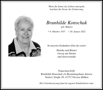 Traueranzeige von Brunhilde Konschak von trauer.extra-tipp-moenchengladbach.de