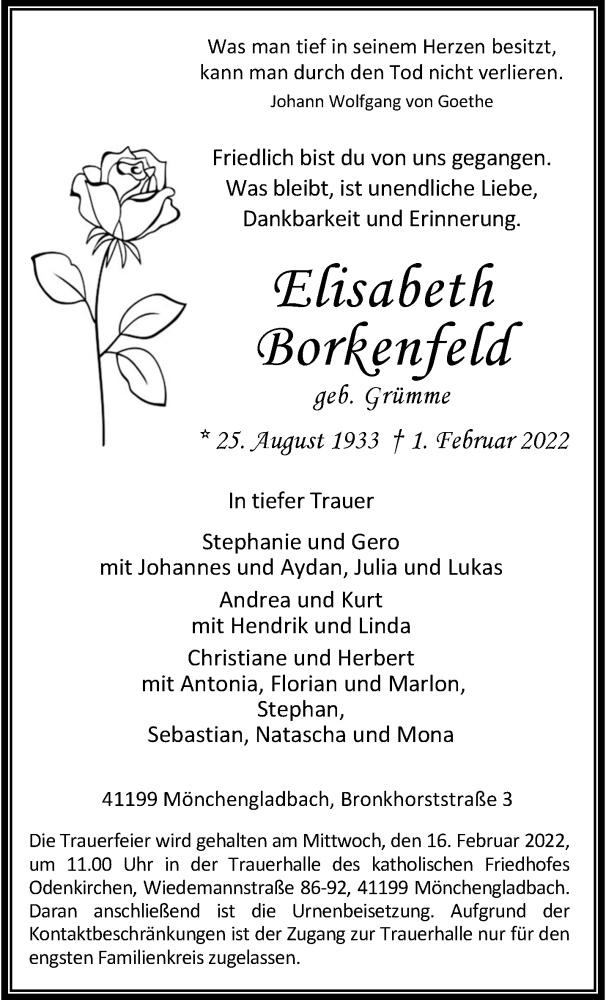  Traueranzeige für Elisabeth Borkenfeld vom 13.02.2022 aus trauer.extra-tipp-moenchengladbach.de