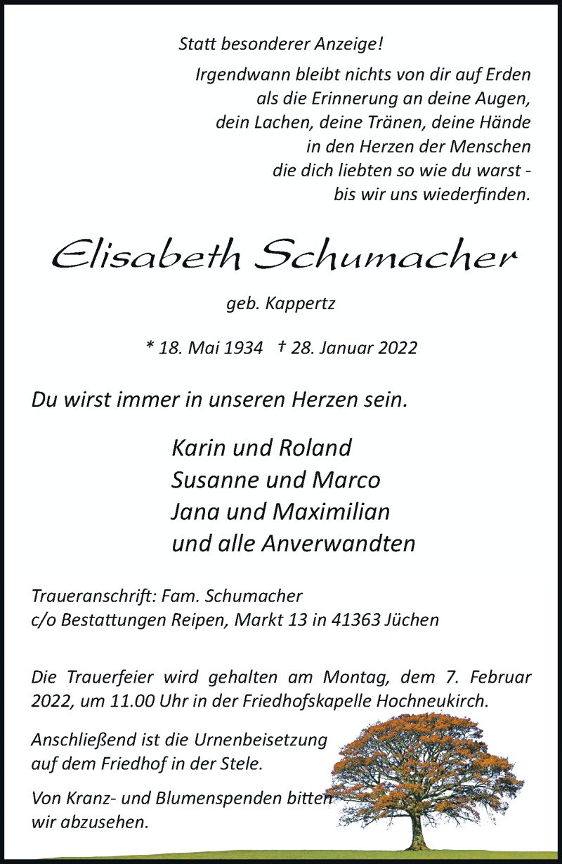  Traueranzeige für Elisabeth Schumacher vom 05.02.2022 aus trauer.stadt-kurier.de