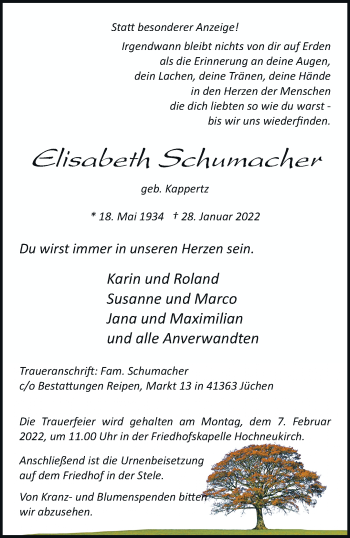 Traueranzeige von Elisabeth Schumacher von trauer.stadt-kurier.de