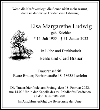 Traueranzeige von Elsa Margarethe Ludwig von trauer.wuppertaler-rundschau.de