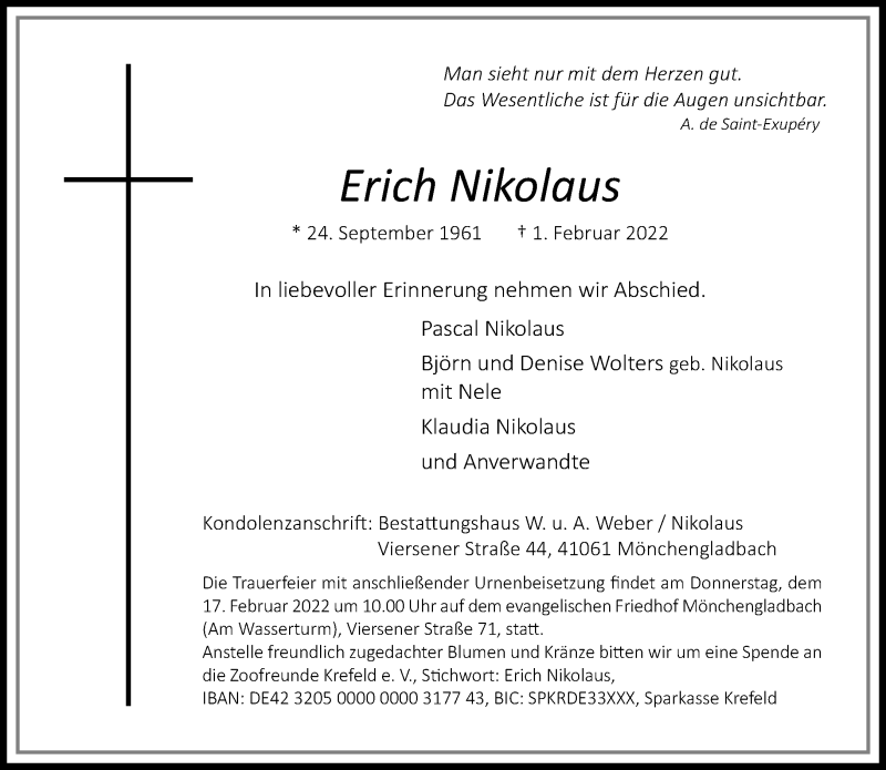 Traueranzeige für Erich Nikolaus vom 13.02.2022 aus trauer.extra-tipp-moenchengladbach.de