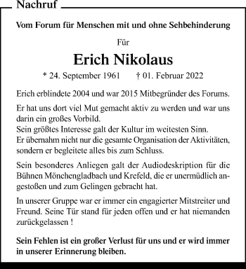 Traueranzeige von Erich Nikolaus von trauer.extra-tipp-moenchengladbach.de