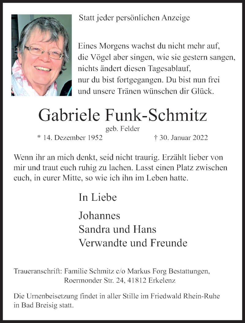  Traueranzeige für Gabriele Funk-Schmitz vom 06.02.2022 aus trauer.extra-tipp-moenchengladbach.de