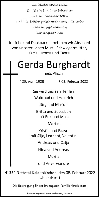 Traueranzeige von Gerda Burghardt von trauer.extra-tipp-moenchengladbach.de