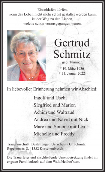 Traueranzeige von Gertrud Schmitz von trauer.extra-tipp-moenchengladbach.de