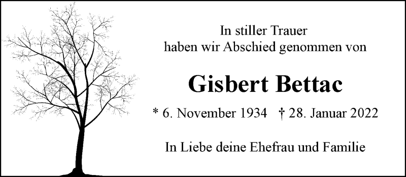  Traueranzeige für Gisbert Bettac vom 13.02.2022 aus trauer.extra-tipp-moenchengladbach.de