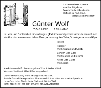 Traueranzeige von Günter Wolf von trauer.extra-tipp-moenchengladbach.de