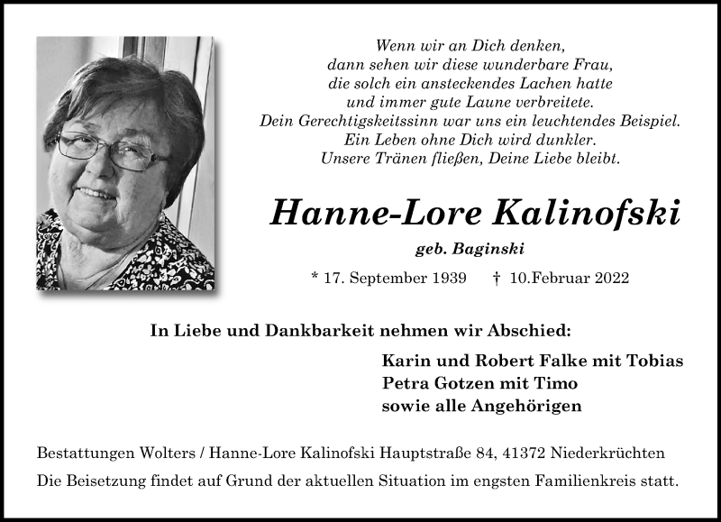  Traueranzeige für Hanne-Lore Kalinofski vom 27.02.2022 aus trauer.extra-tipp-moenchengladbach.de