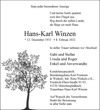 Traueranzeige von Hans-Karl Winzen von trauer.extra-tipp-moenchengladbach.de