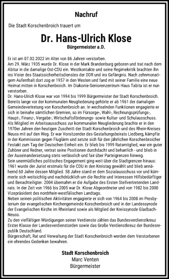 Traueranzeige von Hans-Ulrich Klose von trauer.extra-tipp-moenchengladbach.de