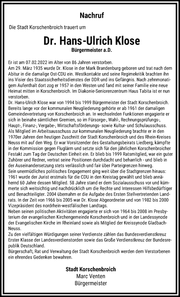  Traueranzeige für Hans-Ulrich Klose vom 13.02.2022 aus trauer.extra-tipp-moenchengladbach.de