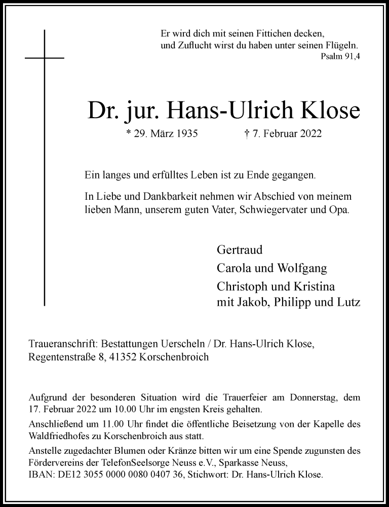  Traueranzeige für Hans-Ulrich Klose vom 13.02.2022 aus trauer.extra-tipp-moenchengladbach.de