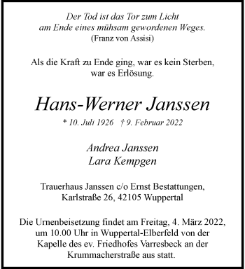 Traueranzeige von Hans-Werner Janssen von trauer.wuppertaler-rundschau.de