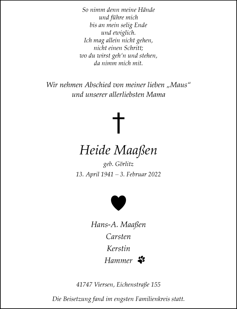  Traueranzeige für Heide Maaßen vom 20.02.2022 aus trauer.extra-tipp-moenchengladbach.de