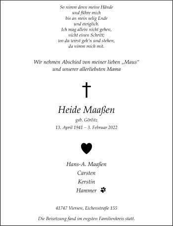 Traueranzeige von Heide Maaßen von trauer.extra-tipp-moenchengladbach.de