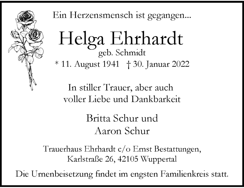  Traueranzeige für Helga Ehrhardt vom 12.02.2022 aus trauer.wuppertaler-rundschau.de