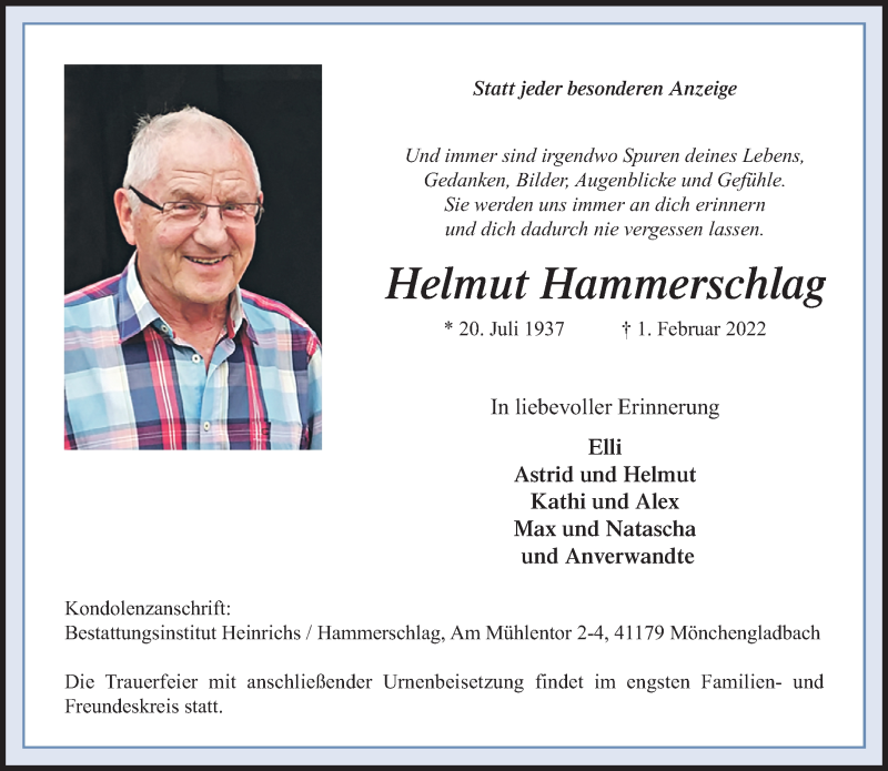  Traueranzeige für Helmut Hammerschlag vom 13.02.2022 aus trauer.extra-tipp-moenchengladbach.de