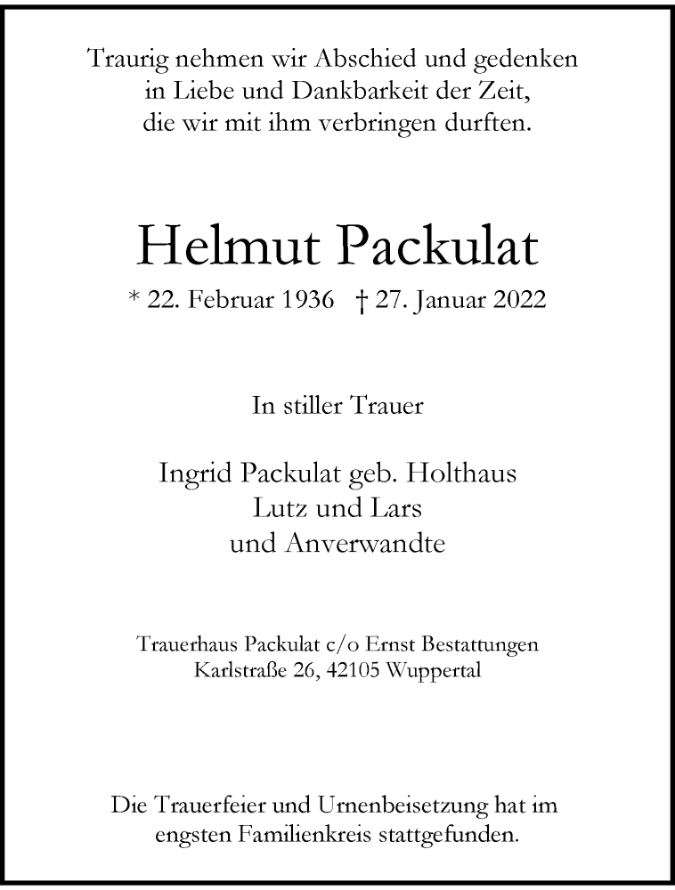  Traueranzeige für Helmut Packulat vom 12.02.2022 aus trauer.wuppertaler-rundschau.de