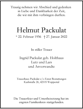 Traueranzeige von Helmut Packulat von trauer.wuppertaler-rundschau.de