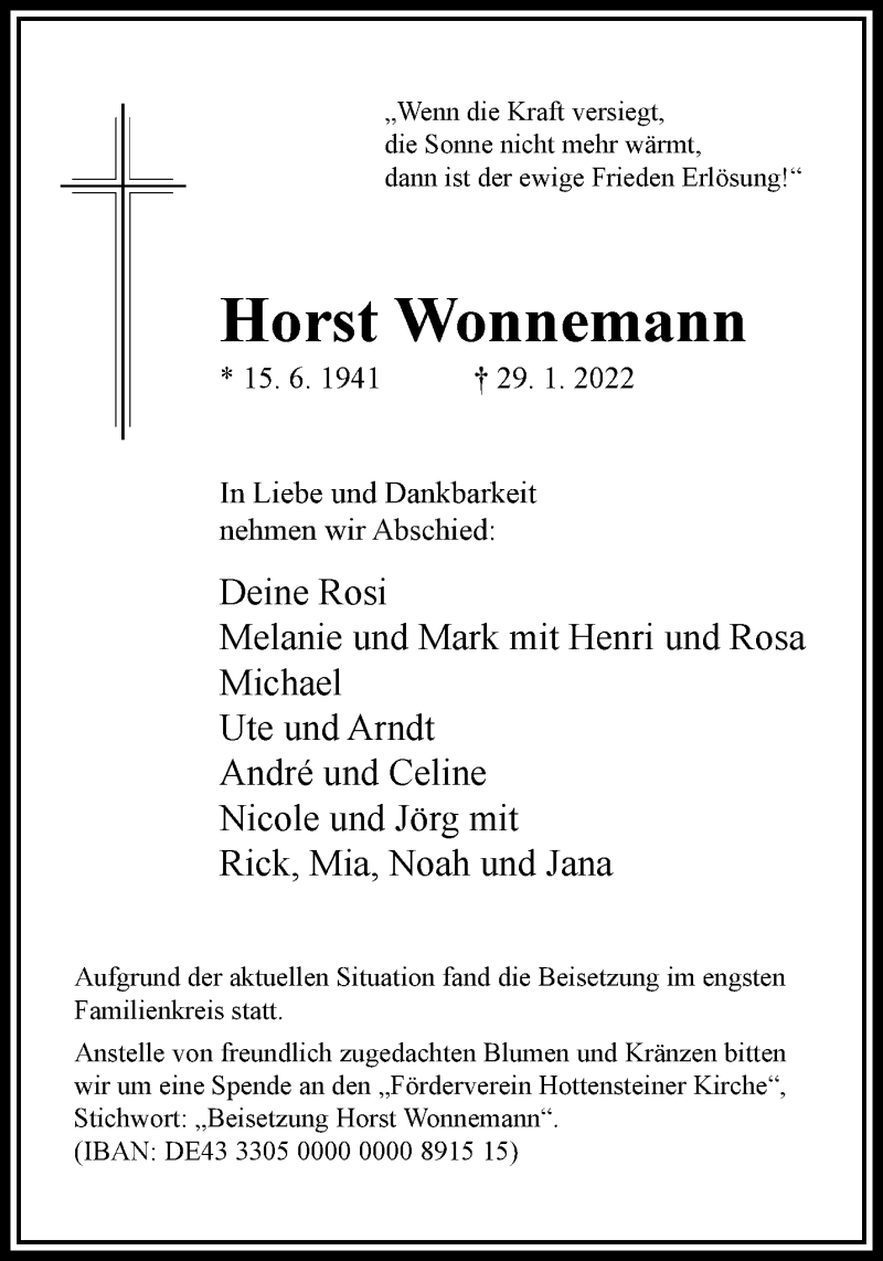  Traueranzeige für Horst Wonnemann vom 05.02.2022 aus trauer.wuppertaler-rundschau.de