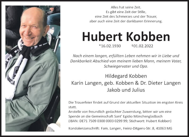  Traueranzeige für Hubert Kobben vom 06.02.2022 aus trauer.extra-tipp-moenchengladbach.de