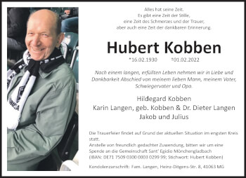 Traueranzeige von Hubert Kobben von trauer.extra-tipp-moenchengladbach.de