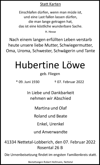 Traueranzeige von Hubertine Löwe von trauer.extra-tipp-moenchengladbach.de