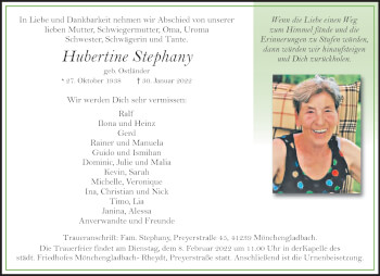Traueranzeige von Hubertine Stephany von trauer.extra-tipp-moenchengladbach.de