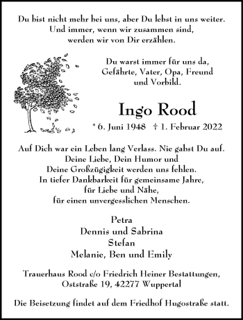 Traueranzeige von Ingo Rood von trauer.wuppertaler-rundschau.de
