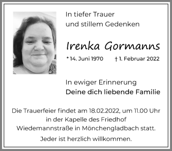 Traueranzeige von Irenka Gormanns von trauer.extra-tipp-moenchengladbach.de