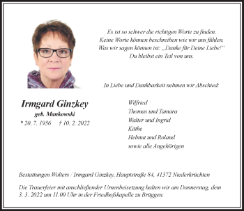 Traueranzeige von Irmgard Ginzkey von trauer.extra-tipp-moenchengladbach.de