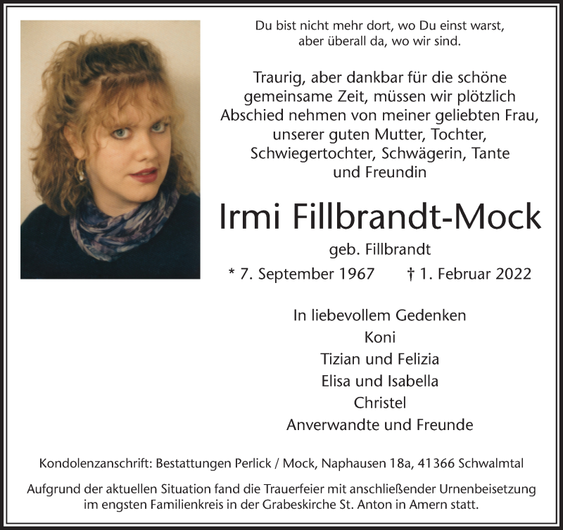  Traueranzeige für Irmi Fillbrandt-Mock vom 13.02.2022 aus trauer.extra-tipp-moenchengladbach.de