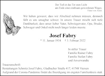 Traueranzeige von Josef Fabry von trauer.extra-tipp-moenchengladbach.de